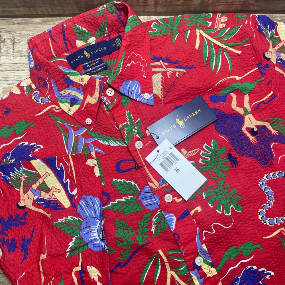 Ralph Lauren Men Red Seersucker Hawaiian Surf Print Shirt Classic Untucked M New